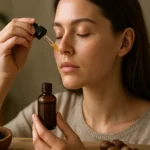 Žena aplikujúca tamanu olej na pleť pre zdravie a krásu