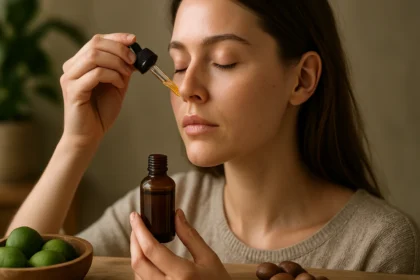 Žena aplikujúca tamanu olej na pleť pre zdravie a krásu