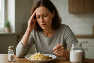 Žena s problémami spôsobenými nadmerným príjmom soli pri jedle.