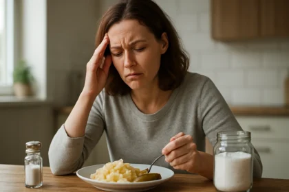 Žena s problémami spôsobenými nadmerným príjmom soli pri jedle.