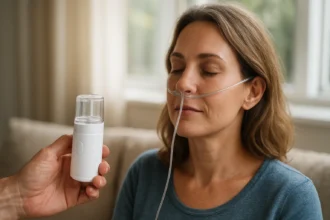 Žena používajúca kyslíkové kvapky na zlepšenie zdravia a pohody.