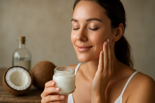Žena s kokosovým olejom na pokožke v skrášľujúcej rituáli