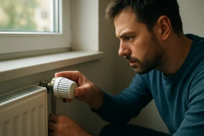 Človek nastavuje radiátorový ventil na zvýšenie efektivity vykurovania