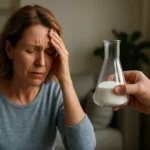 Žena so zdravotnými problémami a chemická vzorka v laboratóriu.