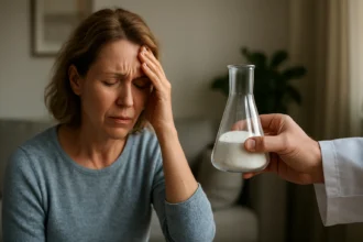Žena so zdravotnými problémami a chemická vzorka v laboratóriu.