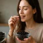 Žena ochutnáva sušené čučoriedky v kuchyni.