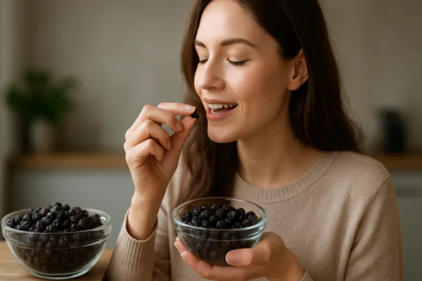 Žena ochutnáva sušené čučoriedky v kuchyni.