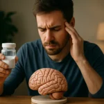 Muž so sochou mozgu a nádobou glutamínu, premýšľa o zdraví mozgu.