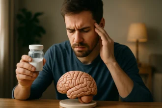 Muž so sochou mozgu a nádobou glutamínu, premýšľa o zdraví mozgu.