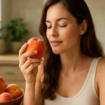 Žena si užíva broskyňu a jej zdravotné výhody.