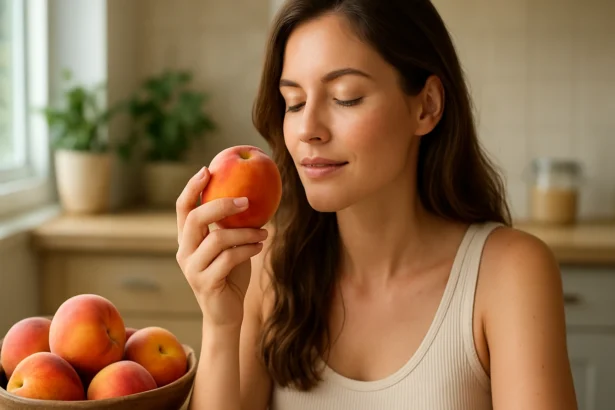 Žena si užíva broskyňu a jej zdravotné výhody.