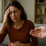 Žena trpiaca bolesťami brucha dostáva liek na zmiernenie bolesti.