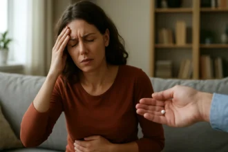 Žena trpiaca bolesťami brucha dostáva liek na zmiernenie bolesti.