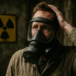 Muž v ochrannom masku v prostredí so žiarením.