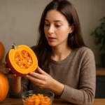 Žena drží rozrezanú tekvicu, skúma jej obsah a výhody.