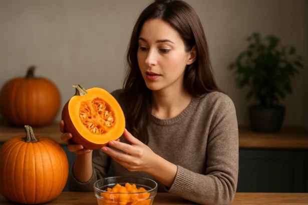 Žena drží rozrezanú tekvicu, skúma jej obsah a výhody.