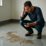 Muž skúma poškodenú epoxidovú podlahu v prázdnej miestnosti.