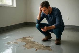 Muž skúma poškodenú epoxidovú podlahu v prázdnej miestnosti.