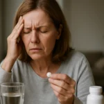 Žena s bolesťami hlavy drží liek v ruke a pohár vody