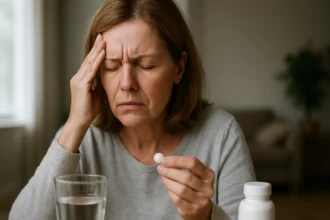 Žena s bolesťami hlavy drží liek v ruke a pohár vody
