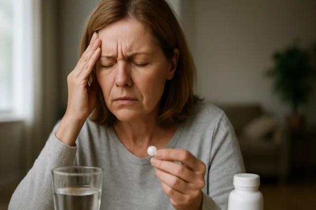Žena s bolesťami hlavy drží liek v ruke a pohár vody