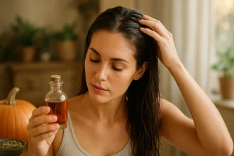 Žena s tekvicovým olejom pre zdravšie vlasy a pokožku hlavy