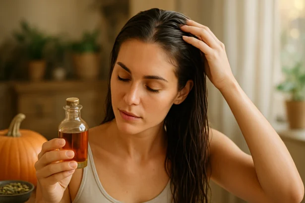 Žena s tekvicovým olejom pre zdravšie vlasy a pokožku hlavy