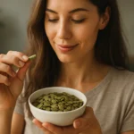 Žena si vychutnáva dyňové semienka z misky