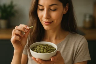 Žena si vychutnáva dyňové semienka z misky