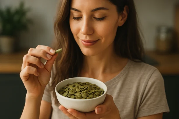 Žena si vychutnáva dyňové semienka z misky