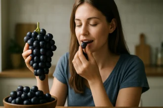 Žena si užíva Otelló hrozno, bohaté na antioxidanty.