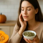 Žena s tekvicovými semienkami a tekvicou, symbol zdravia a krásy.