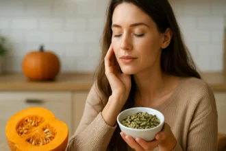 Žena s tekvicovými semienkami a tekvicou, symbol zdravia a krásy.