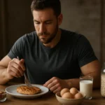 Muž si vychutnáva jedlo bohaté na bielkoviny s ovsenými vločkami a vajíčkami.