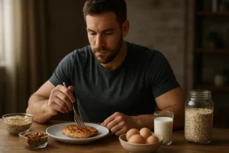 Muž si vychutnáva jedlo bohaté na bielkoviny s ovsenými vločkami a vajíčkami.