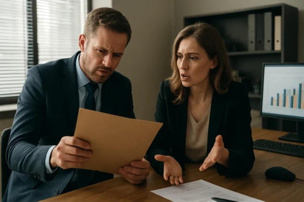 Dvojica odborníkov analyzuje dokumenty v kancelárii.