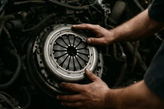 Mechanik inštaluje klznú spojku na motor vozidla.