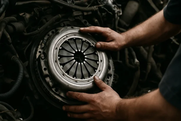 Mechanik inštaluje klznú spojku na motor vozidla.