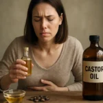 Žena s ricínovým olejom a nepríjemným pocitom v žalúdku