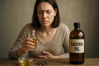 Žena s ricínovým olejom a nepríjemným pocitom v žalúdku