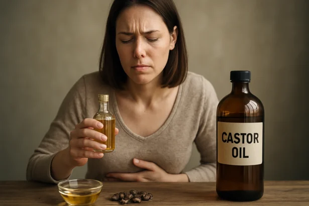 Žena s ricínovým olejom a nepríjemným pocitom v žalúdku