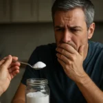 Muž s prekvapeným výrazom pri pohľade na jedlú sódu.