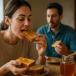 Žena si vychutnáva medový chlieb s medom na raňajky.