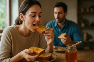 Žena si vychutnáva medový chlieb s medom na raňajky.