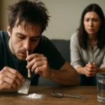 Muž užívajúci drogu speed so znepokojenou ženou v pozadí