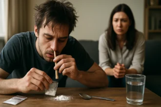 Muž užívajúci drogu speed so znepokojenou ženou v pozadí