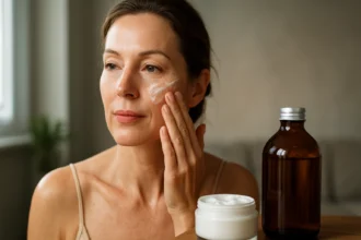 Žena nanášajúca pleťový krém na tvár pre večnú mladosť pleti.