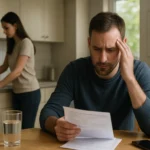 Muž s ťažkým výrazom na tvári číta účty, zatiaľ čo žena umýva riad v pozadí.