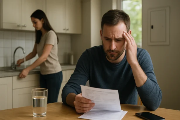 Muž s ťažkým výrazom na tvári číta účty, zatiaľ čo žena umýva riad v pozadí.