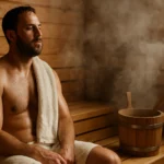 Muž relaxuje v fínskej saune s parou okolo neho